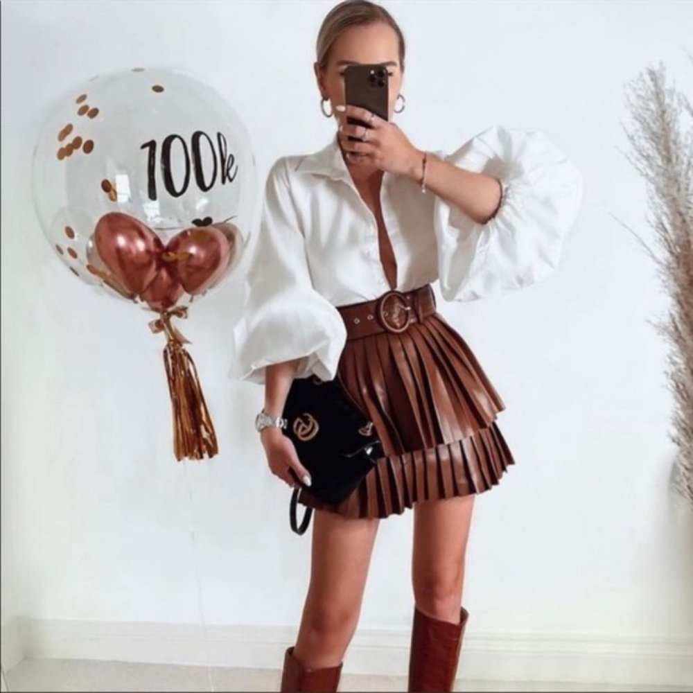 NWT ZARA PLEATED FAUX LEATHER SKIRT WHISKY 3046/328 - Picture 6 of 13